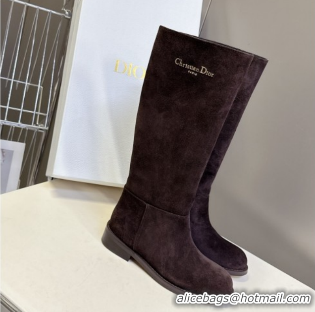 Good Quality Dior D-Town Flat High Boots in Supple Suede with Signature Chocolate Brown 1029035