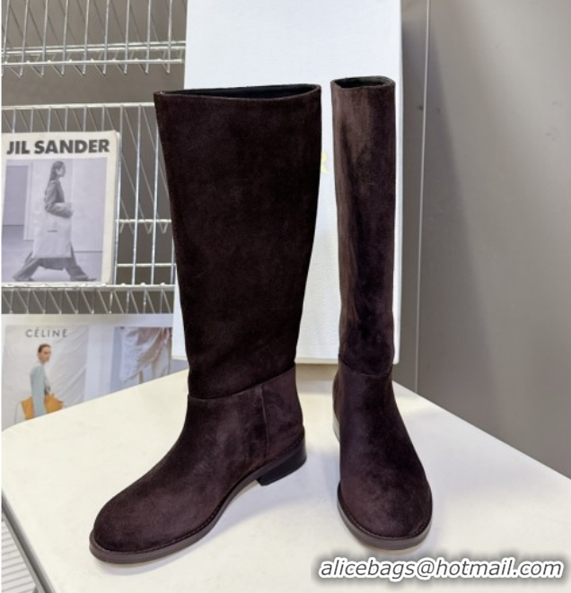 Good Quality Dior D-Town Flat High Boots in Supple Suede with Signature Chocolate Brown 1029035