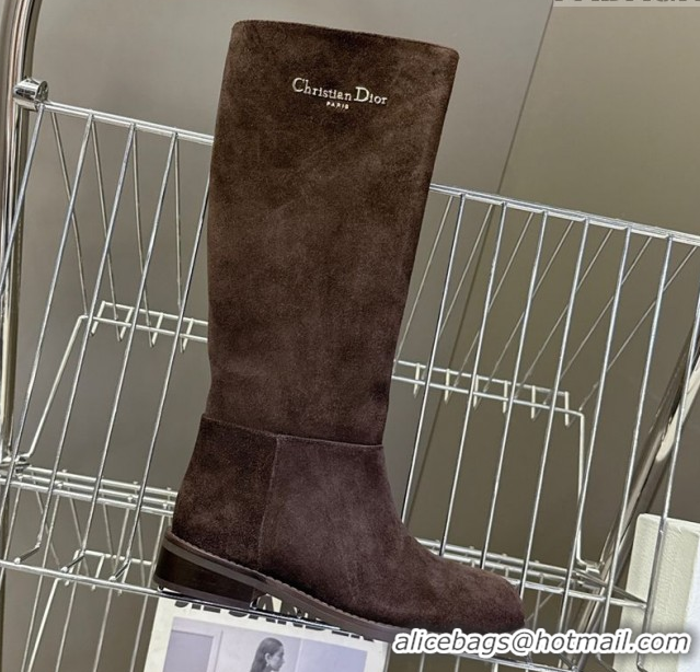 Good Quality Dior D-Town Flat High Boots in Supple Suede with Signature Chocolate Brown 1029035