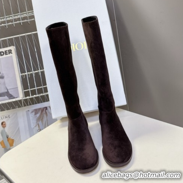 Good Quality Dior D-Town Flat High Boots in Supple Suede with Signature Chocolate Brown 1029035