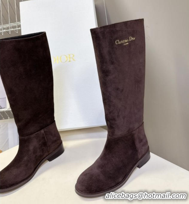 Good Quality Dior D-Town Flat High Boots in Supple Suede with Signature Chocolate Brown 1029035