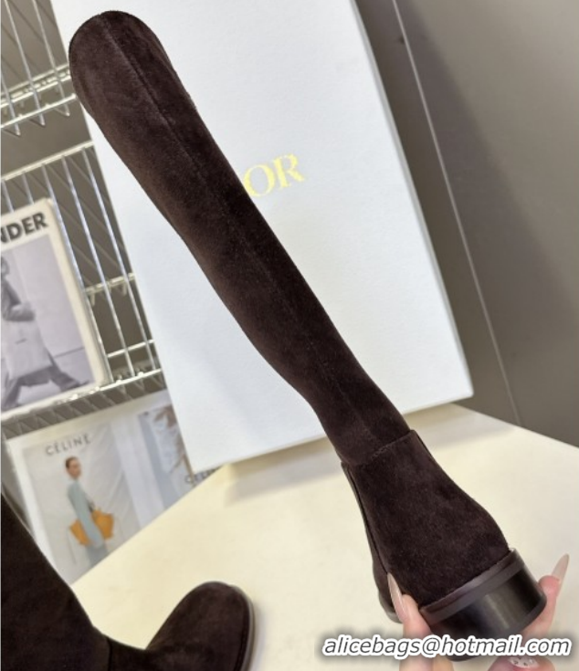 Good Quality Dior D-Town Flat High Boots in Supple Suede with Signature Chocolate Brown 1029035