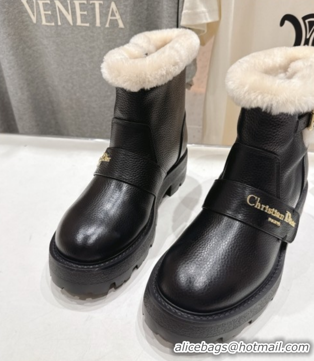 Good Quality Dior DiorAlps D-Quest Ankle Boots in Black Grained Calfskin and Wool with Buckle Strap 1029036