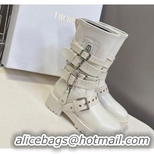 Luxurious Dior D-Fight Ankle Boots in Calfskin and Leather-Effect Stretch Material with Buckle White 1029045