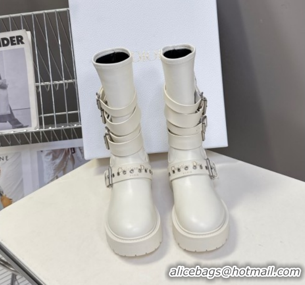 Luxurious Dior D-Fight Ankle Boots in Calfskin and Leather-Effect Stretch Material with Buckle White 1029045