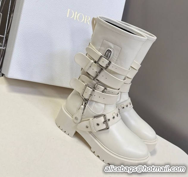 Luxurious Dior D-Fight Ankle Boots in Calfskin and Leather-Effect Stretch Material with Buckle White 1029045