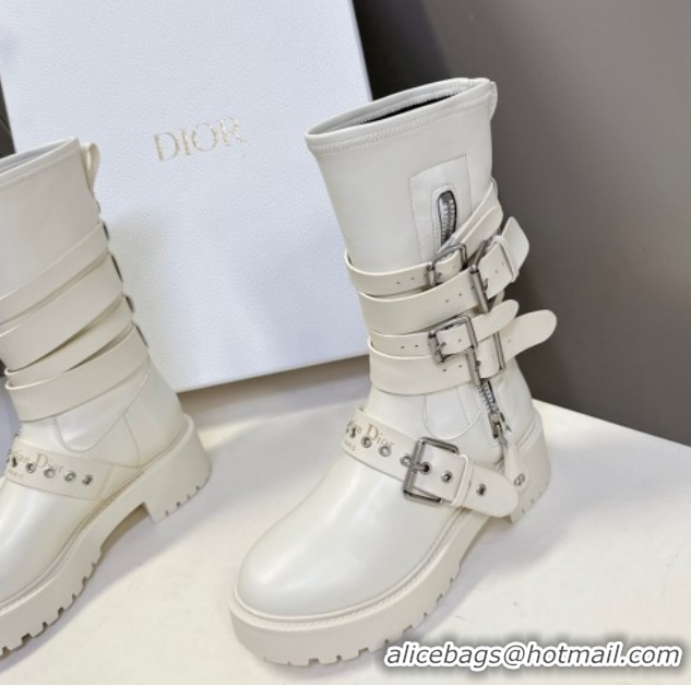 Luxurious Dior D-Fight Ankle Boots in Calfskin and Leather-Effect Stretch Material with Buckle White 1029045