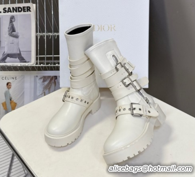 Luxurious Dior D-Fight Ankle Boots in Calfskin and Leather-Effect Stretch Material with Buckle White 1029045
