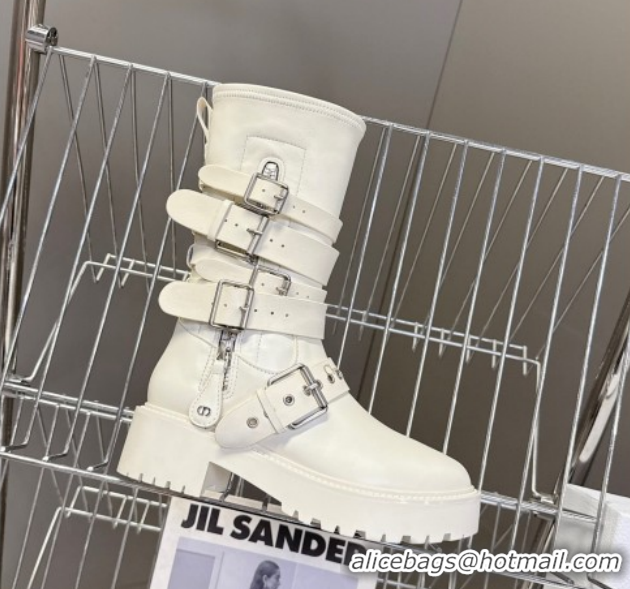 Luxurious Dior D-Fight Ankle Boots in Calfskin and Leather-Effect Stretch Material with Buckle White 1029045