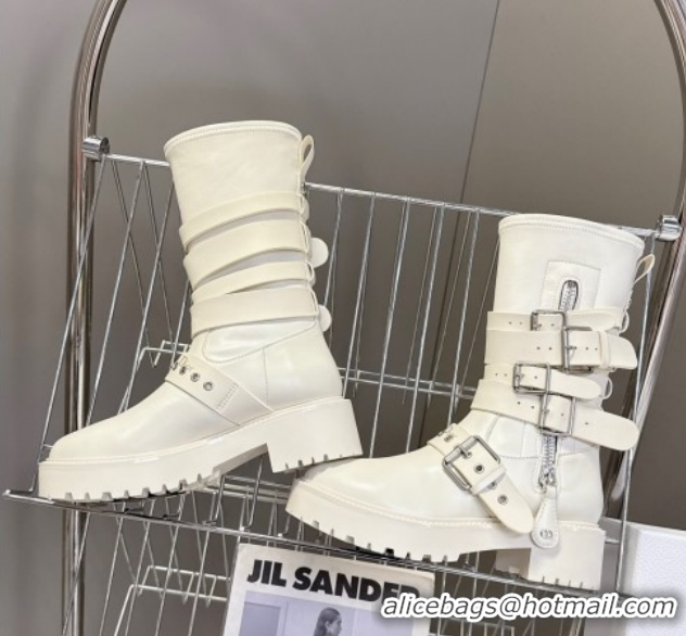 Luxurious Dior D-Fight Ankle Boots in Calfskin and Leather-Effect Stretch Material with Buckle White 1029045