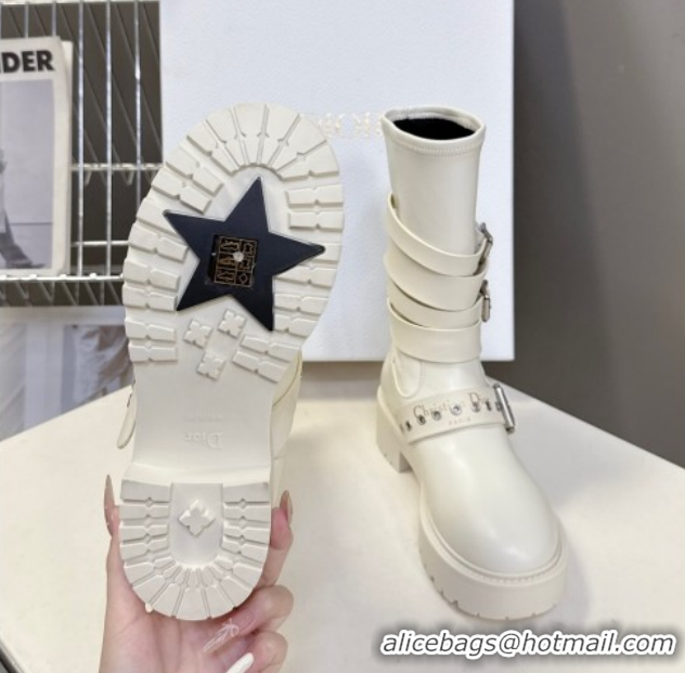 Luxurious Dior D-Fight Ankle Boots in Calfskin and Leather-Effect Stretch Material with Buckle White 1029045