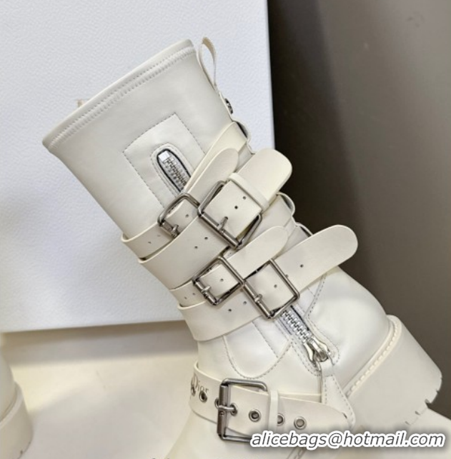 Luxurious Dior D-Fight Ankle Boots in Calfskin and Leather-Effect Stretch Material with Buckle White 1029045
