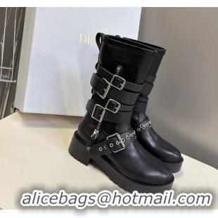 Stylish Dior D-Fight Ankle Boots in Calfskin and Leather-Effect Stretch Material with Buckle Black 1029046