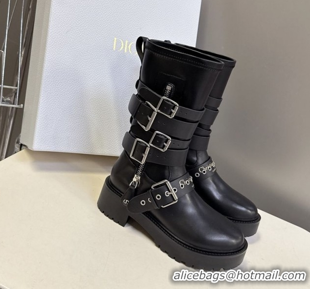 Stylish Dior D-Fight Ankle Boots in Calfskin and Leather-Effect Stretch Material with Buckle Black 1029046