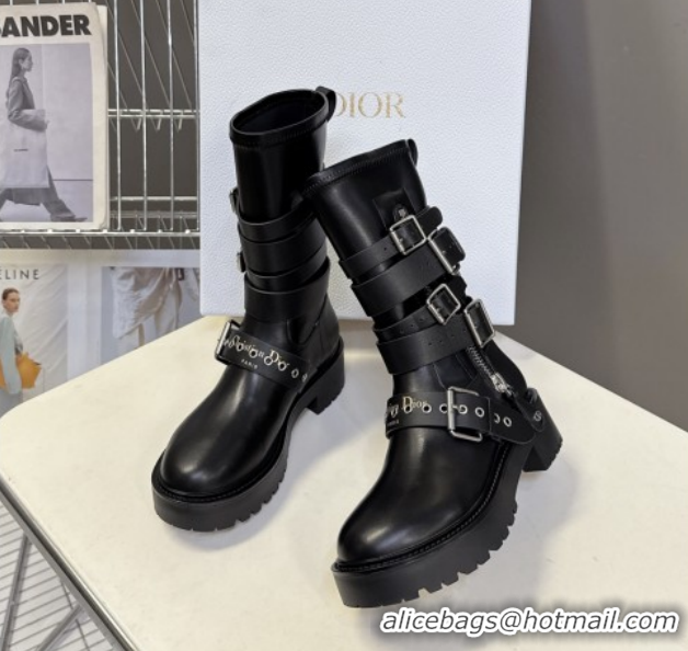 Stylish Dior D-Fight Ankle Boots in Calfskin and Leather-Effect Stretch Material with Buckle Black 1029046
