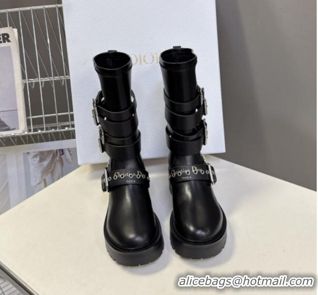 Stylish Dior D-Fight Ankle Boots in Calfskin and Leather-Effect Stretch Material with Buckle Black 1029046