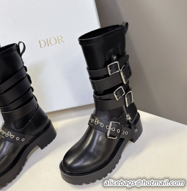 Stylish Dior D-Fight Ankle Boots in Calfskin and Leather-Effect Stretch Material with Buckle Black 1029046