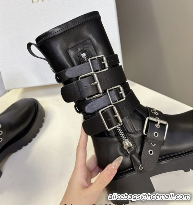 Stylish Dior D-Fight Ankle Boots in Calfskin and Leather-Effect Stretch Material with Buckle Black 1029046