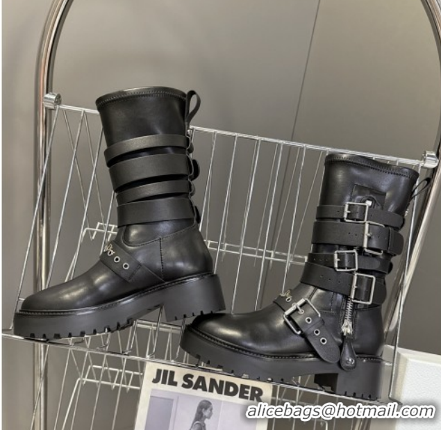 Stylish Dior D-Fight Ankle Boots in Calfskin and Leather-Effect Stretch Material with Buckle Black 1029046