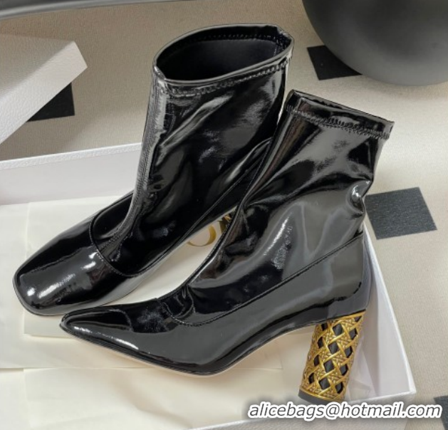 Unique Style Dior Icon Ankle Boots 8cm Cannage Metal-Tone Heel in Patent Leather Black 1029047