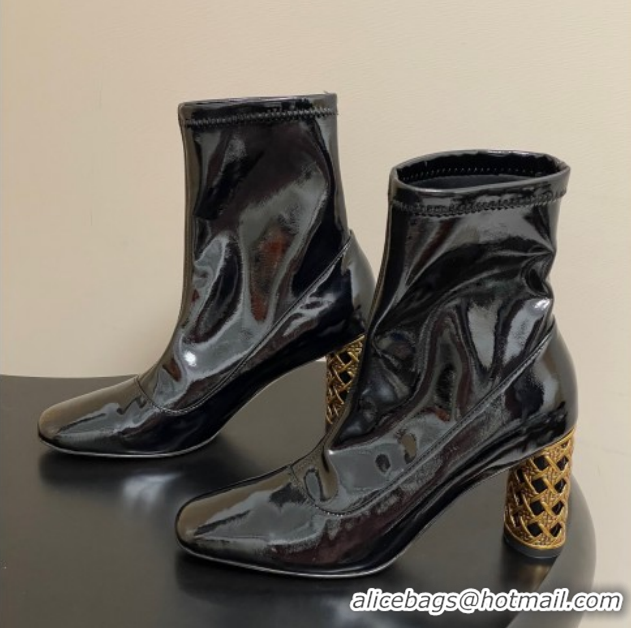 Unique Style Dior Icon Ankle Boots 8cm Cannage Metal-Tone Heel in Patent Leather Black 1029047