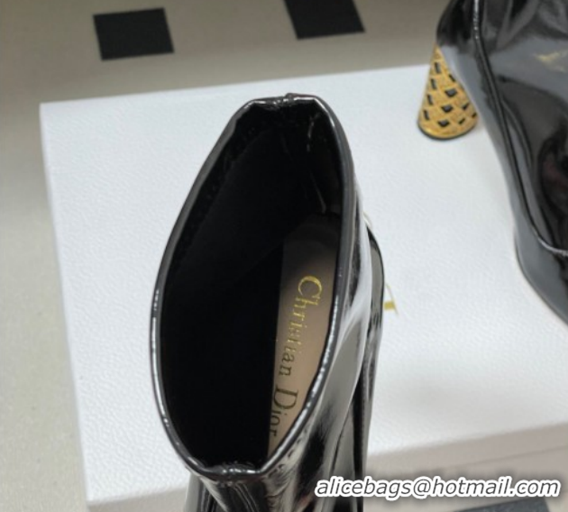 Unique Style Dior Icon Ankle Boots 8cm Cannage Metal-Tone Heel in Patent Leather Black 1029047