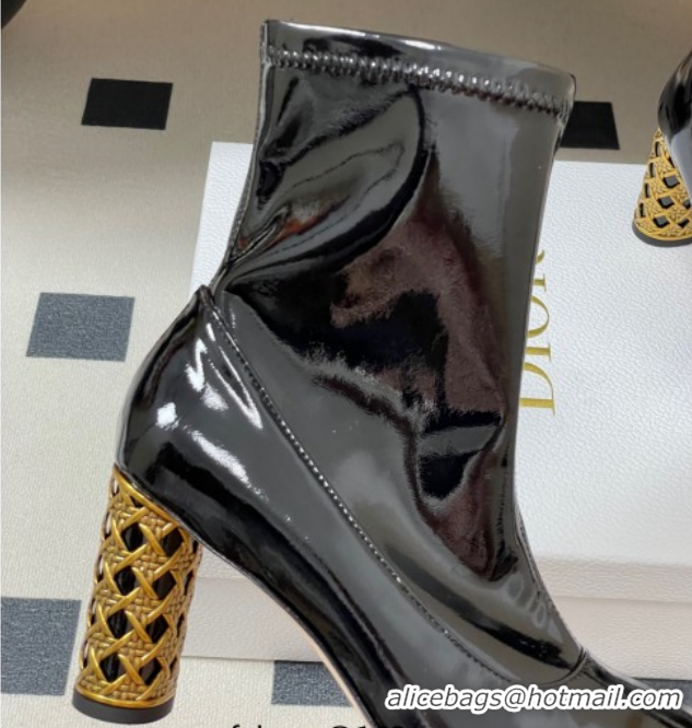 Unique Style Dior Icon Ankle Boots 8cm Cannage Metal-Tone Heel in Patent Leather Black 1029047
