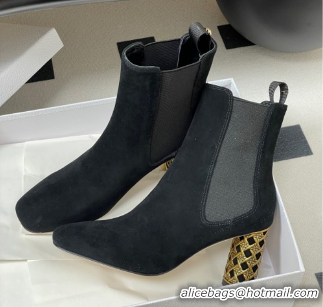 Good Quality Dior Icon Ankle Boots 8cm Cannage Metal-Tone Heel in Suede Black 1029050