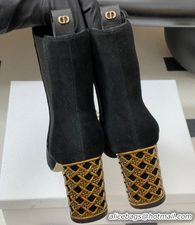 Good Quality Dior Icon Ankle Boots 8cm Cannage Metal-Tone Heel in Suede Black 1029050