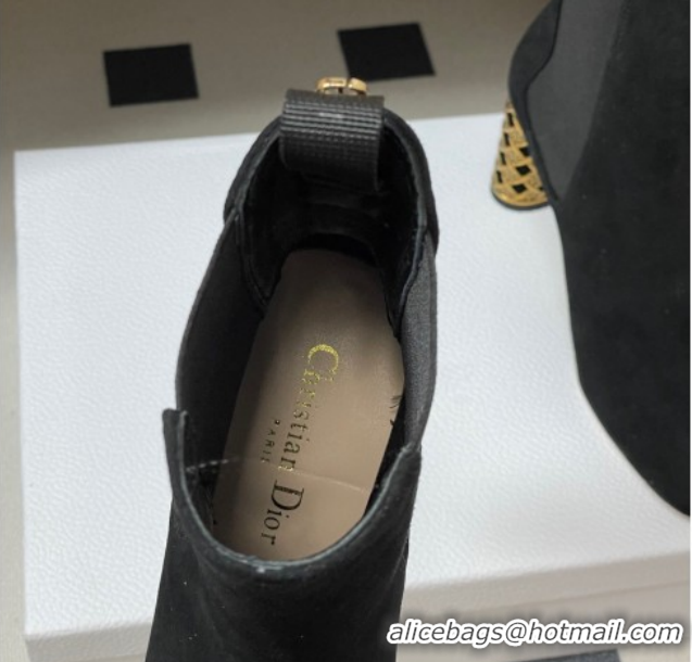 Good Quality Dior Icon Ankle Boots 8cm Cannage Metal-Tone Heel in Suede Black 1029050