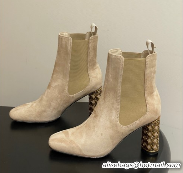 Top Grade Dior Icon Ankle Boots 8cm Cannage Metal-Tone Heel in Suede Beige 1029051