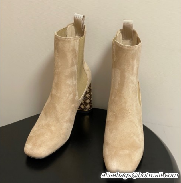 Top Grade Dior Icon Ankle Boots 8cm Cannage Metal-Tone Heel in Suede Beige 1029051