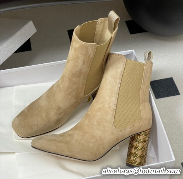 Top Grade Dior Icon Ankle Boots 8cm Cannage Metal-Tone Heel in Suede Beige 1029051