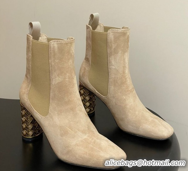 Top Grade Dior Icon Ankle Boots 8cm Cannage Metal-Tone Heel in Suede Beige 1029051