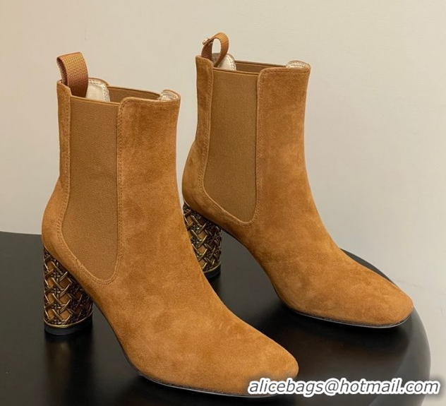 Grade Quality Dior Icon Ankle Boots 8cm Cannage Metal-Tone Heel in Suede Brown 1029053