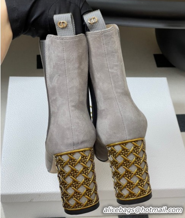 Grade Quality Dior Icon Ankle Boots 8cm Cannage Metal-Tone Heel in Suede Brown 1029053