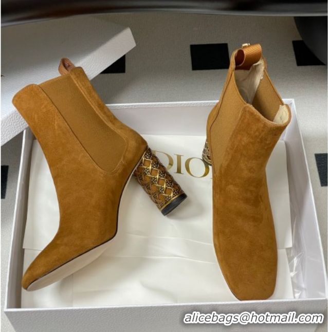 Grade Quality Dior Icon Ankle Boots 8cm Cannage Metal-Tone Heel in Suede Brown 1029053