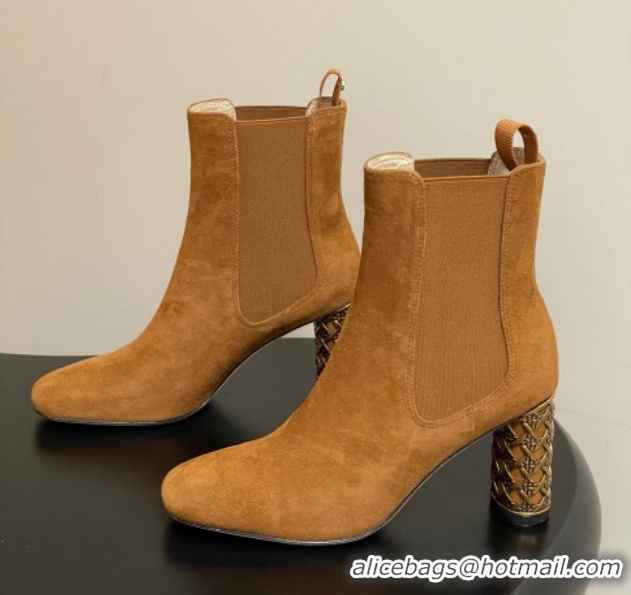 Grade Quality Dior Icon Ankle Boots 8cm Cannage Metal-Tone Heel in Suede Brown 1029053