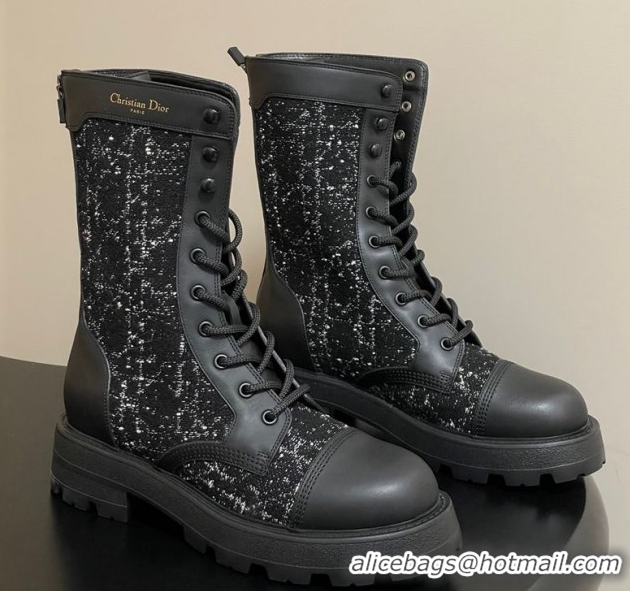 Top Design Dior D-Unit Ankle Boots 4.5cm in Black and White Cannage Tweed and Black Calfskin 1029055