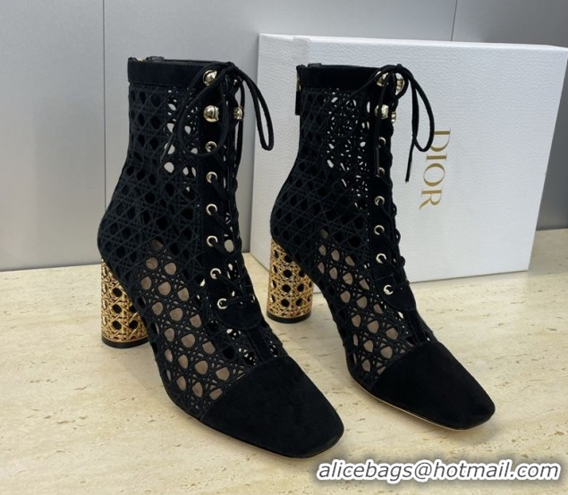 Best Grade Dior Icon Ankle Boots 8cm with Cannage Metal-Tone Heel in Black Cannage Embroidery and Suede 1029056