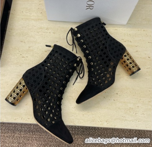 Best Grade Dior Icon Ankle Boots 8cm with Cannage Metal-Tone Heel in Black Cannage Embroidery and Suede 1029056