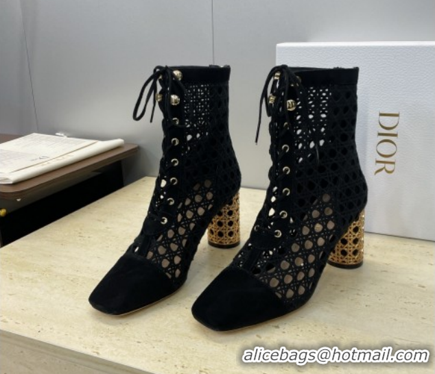 Best Grade Dior Icon Ankle Boots 8cm with Cannage Metal-Tone Heel in Black Cannage Embroidery and Suede 1029056