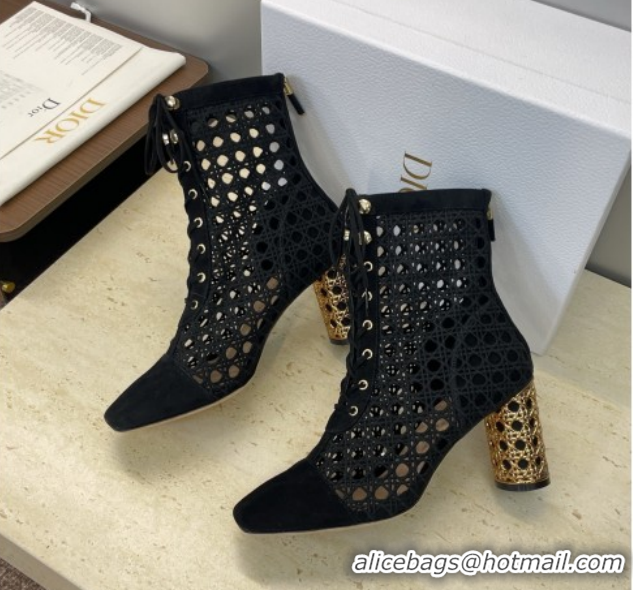 Best Grade Dior Icon Ankle Boots 8cm with Cannage Metal-Tone Heel in Black Cannage Embroidery and Suede 1029056