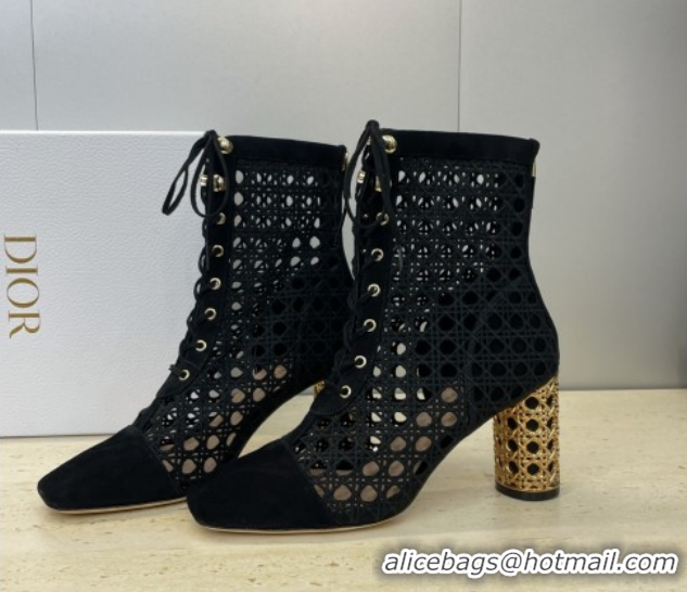 Best Grade Dior Icon Ankle Boots 8cm with Cannage Metal-Tone Heel in Black Cannage Embroidery and Suede 1029056