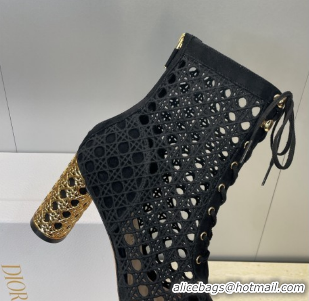 Best Grade Dior Icon Ankle Boots 8cm with Cannage Metal-Tone Heel in Black Cannage Embroidery and Suede 1029056