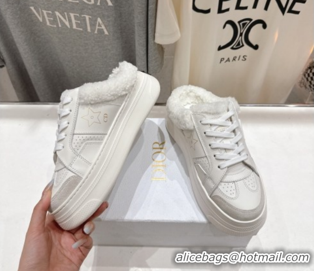Sumptuous Dior Star Platform Sneaker Mules 5cm in Calfskin Leather and Wool White 1029057