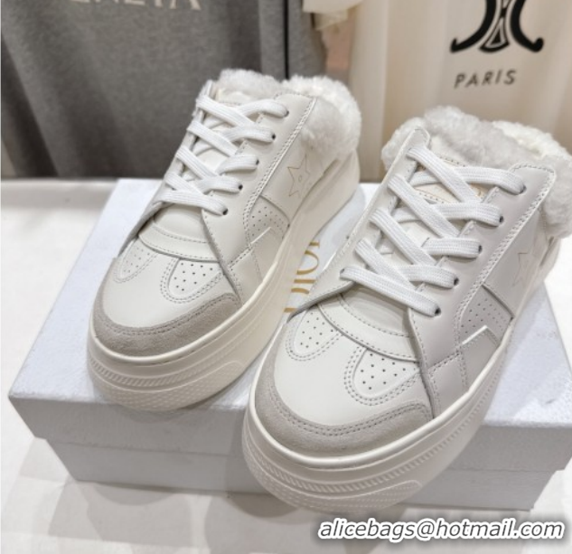 Sumptuous Dior Star Platform Sneaker Mules 5cm in Calfskin Leather and Wool White 1029057