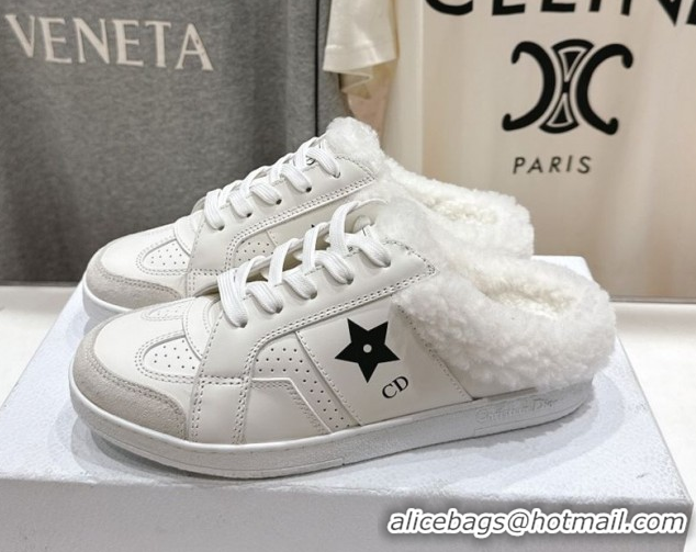 Durable Dior Star Sneaker Mules in Calfskin Leather and Wool White 51029062