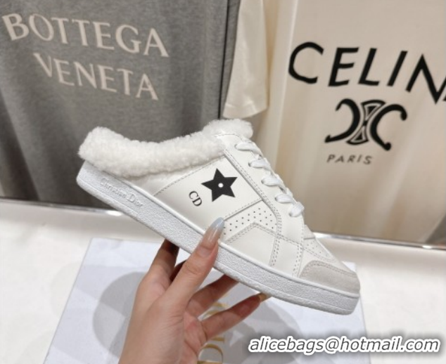 Durable Dior Star Sneaker Mules in Calfskin Leather and Wool White 51029062