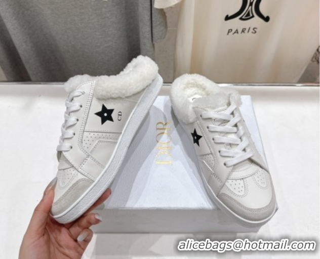 Durable Dior Star Sneaker Mules in Calfskin Leather and Wool White 51029062
